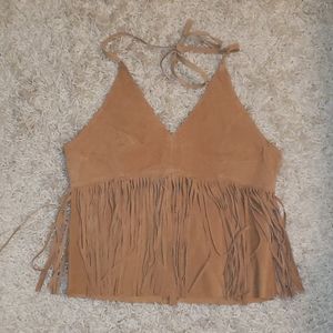 Boho leather fringe halter top